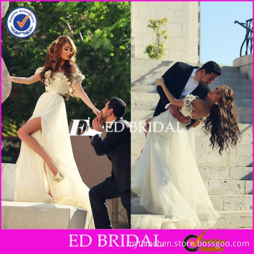 CE1136 Unique Off-the-shoulder Gold Flower Handmade Split Front Beach Wedding Dress